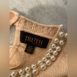 Truth Size S Beaded Pearl Neck Short Sleeve Pink Knit Sweater Top Keyhole Back Photo 9