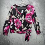 Roz & Ali  Blouse Large Pink Floral Tie Front Sheer Sleeve Black Pop Color Luxe Photo 1