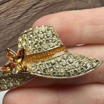 Monet  Orange & Yellow Rhinestone Hat Brooch Pin Gold Tone Signed Photo 6
