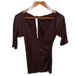 BCBGMAXAZRIA Y2K BCBG chocolate brown soft stretchy faux wrap top open peek back Photo 0