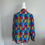 Vintage 100% Silk Blouse Colorful Abstract Geometric Print Button Down Sz M LS Blue Size M Photo 1