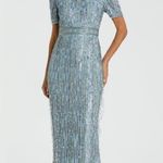 Mac Duggal  5980 Blue High Neck Short Sleeve Crystal Fringe Column Dress Photo 0