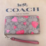Coach Long Zip Around Wallet In Signature Canvas With Wild Strawberry Print Photo 0