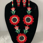 Handcrafted Floral Beaded Necklace and Earrings Set. Red Photo 0