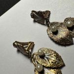 Faux Damascene Gold Tone Faux Pearl Dangle Clip On Clip Photo 2