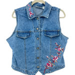 Bill Blass Y2K VINTAGE LARGE Bill Bass Blue Denim Pink Floral Embroidered Vest Jean Jacket Photo 0