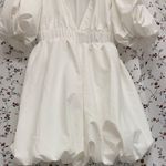 Balloon sleeve deep v neck mini dress. S White Photo 4