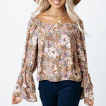 Peach Love California floral boho long bell sleeve flowy blouse Womens L Photo 0