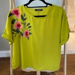 Anthropologie Jeuvre Embroidered Floral Short Sleeve Blouse Top Chartreuse Green Size M Photo 0