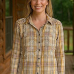 Free People  Plaid Floral Embroidered Gauze Button Up Cabin Holiday Dainty XS Photo 0