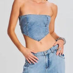 NWT SER.O.YA Tate Denim Top in Coastline Blue Wash Sz MEDIUM Strapless Tie Back Photo 0
