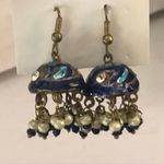 Vintage Jhumka Chandelier Earrings Half Sphere Enamel Beaded Tassels Blue/Gold $ Blue Photo 4