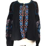 Puff sleeve embroidered boho tie front jacket top Black Size M Photo 0