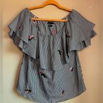 Miss Me Black and White Striped Floral Embroidered Off The Shoulder Blouse L Photo 0