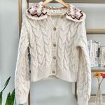 Mango  Cable Knit Button Front Cardigan with Floral Statement Peter Pan Collar Photo 4