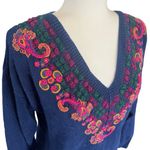 Portraits Northern Isles Vintage Knit Sweater Floral Paisley Embroidered Large Blue Photo 3