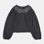 ZARA  Sweater L Embellished Peter Pan Collar Pearl Rhinestone Crewneck Gray Photo 1