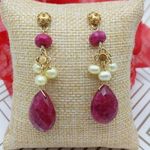 Maroon Teardrop Earrings Natural Stone 825 Gold Dangle Pearls Long 2.25" Photo 0