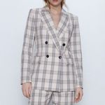 ZARA  Plaid Double Breasted Plaid Blazer‎ Jacket Cream Ecru Black Small Photo 1