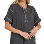 Zenana Outfitters Charcoal Grey Short Sleeve Button Detail Top Photo 0