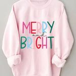Merry & Bright Christmas Pink Velour Sweatshirt Size M Photo 1