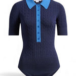 Good American  Women's Cable Polo Bodysuit Size Large Navy Photo 0