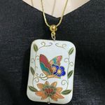 Vintage Butterfly & Flower Cloisonné Pendant Gold Photo 2