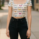 Forever 21 Womens Top Sz M White Print Butterflies J'Adore I Love French Crop Photo 0