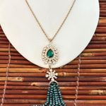 Elegant Gold and Green Glass Pendant Tassel Necklace 30” Photo 0