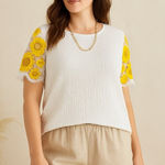 Alice Blue 1X White Textured Top Yellow Crochet Floral Sleeve Boho Cottagecore Photo 0