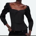 ZARA  Woman black square-neck corset-style top – romantic puff sleeve peplum S Photo 0