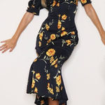 Pretty Little Thing  Black Yellow Floral Puff Sleeve High Neck Midi Dress Size 8 Photo 0