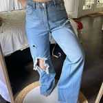 ZARA  Women’s 8 Blue Denim Wide Leg Raw Hem Jeans Distressed Photo 1