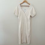 Madewell Puff-Sleeve Button-Wrap Midi Dress in Undyed Stripe Cotton Linen Size 6 Photo 5