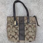 Coach Signature Canvas Jacquard Slim Shoulder Stripe Tote Bag Tan and Brown Photo 0