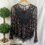 Self Esteem  Black Floral Print Sheer Long Sleeve Crochet Lace Blouse Top XL Photo 0