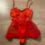 Little red riding Devil lace up corset bodysuit sheer feather skirt bra lingerie set S NEW Photo 0