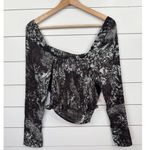 Open Edit Long Sleeve Cropped Top Brown Abstract Off Shoulder Ruched Boho Sz XS Blue Photo 4