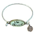 Inspirational "I Am Blessed" Oval Charm Bangle Bracelet Religious Cross Pendant Silver Photo 1
