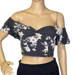 American Eagle NWT  Cropped Off Shoulder Floral Top Blouse Dark Gray Cream Large Photo 0