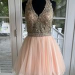 Light Pink Short Halter Dress with Gold Lace and Aurora Borealis Crystals Photo 0