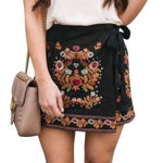 ZARA  Boho Embroidered Black Tie Waist Skort Skirt Shorts Size Small Photo 0