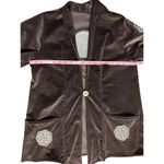 Vintage Dark Chocolate Brown Velvet Blazer Embroidered Ivory Floral Pattern Size M Photo 10