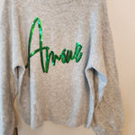 A New Day  Women's Gray Pullover Sweater With Green Script Amore Size small Photo 0