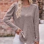 NEW Soft Beige Ribbed Puff Shoulder Long Sleeve Sweater Size Extra Large Tan Photo 1