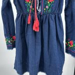 Reborn Denim Blue mini Dress embroidered Floral bell Sleeve tunic raw hem boho L Size L Photo 7