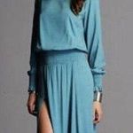 Alexie Clemence Dusty Aqua Blue Long Sleeve Smocked Silk Maxi Dress Size S Photo 0