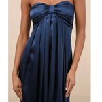 Lulus NWT Memorable Entrance Dark Blue Strapless Satin Pleated Maxi Gown Dress Photo 3