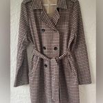 Solitaire NWT  Tan / Gray Houndstooth Faux Suede Trench Coat, Waist Tie; size XL Photo 0