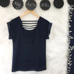 AQUA  Navy Satin Trim Cut Out‎ Short Sleeve Top Photo 4